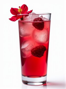 Delicious Fruity Beverage Clear Glass Filled with Raspberry Hibiscus Iced Tea and Flower