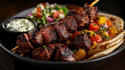 A mouthwatering platter featuring juicy grilled meat skewers served alongside a fresh salad and creamy dip, perfect for a hearty meal or gathering with friends.