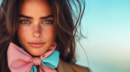 A stunning close-up portrait showcasing a beautiful woman with striking features adorned with a stylish bow, reflecting confidence, elegance, and the art of modern beauty.