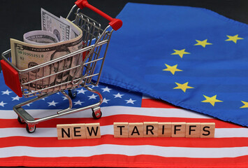 New tariffs from America. US and European flags with dollar bills in a shopping cart.