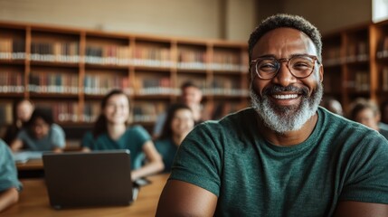 A joyful man presents a friendly smile while surrounded by engaged students in a cozy library setting, reflecting a sense of learning and camaraderie.