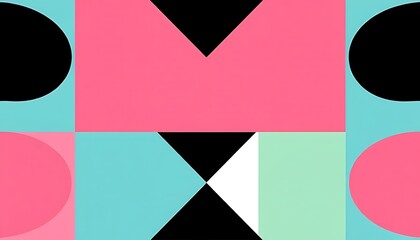 Flat design, made of geometric shapes and patterns, squares, circles, abstract composition.  bright pink, light green, blue, black, white, with yellow dots digital art with clear lines, for graphic de