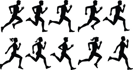 PrintDynamic set of male and female running silhouettes, illustrating various motion stages for fitness, sport, and active lifestyle designs.