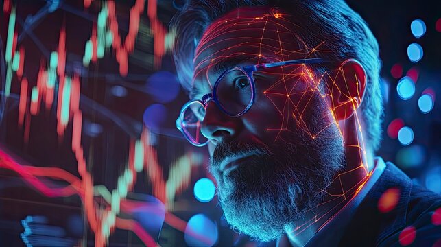 Focused businessman, holographic overlay, stock market data