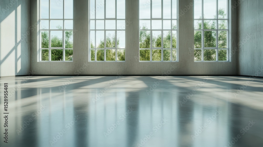 Poster this minimalist image features an open space with large windows showcasing lush greenery outside, re