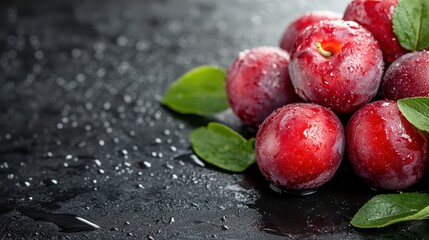 This stunning image captures a cluster of fresh red plums adorned with water droplets, showcasing their juicy texture and vibrant colors against a dark background.