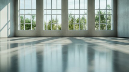 This minimalist image features an open space with large windows showcasing lush greenery outside, representing the harmony between indoor and outdoor environments.