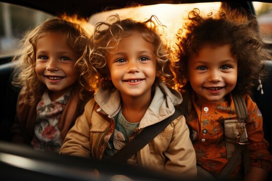 Fototapeta Three adorable children are happily smiling from inside a classic vintage car, capturing the essence of childhood joy, adventure, and nostalgia in their expressions.