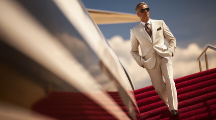 Confident man in light-colored suit walks down red carpet from private jet with elegant background and upscale ambiance. Concept of luxury lifestyle, aviation, high fashion