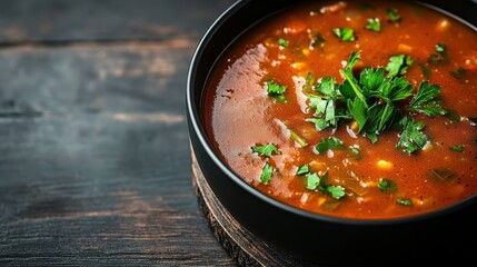 A warm bowl of hearty tomato-based soup garnished with fresh parsley, invoking comfort, nourishment, and the delightful experience of home-cooked meals.