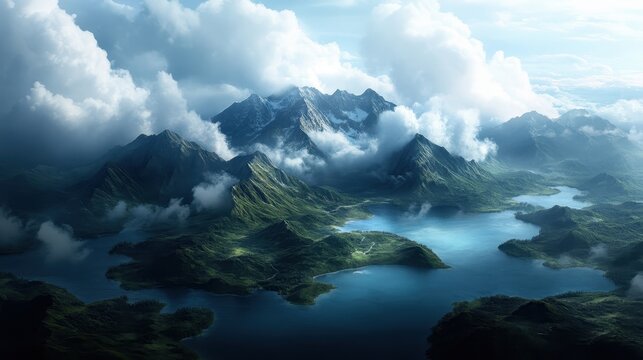 A breathtaking aerial view of majestic mountains surrounded by calm lakes, enveloped in fluffy clouds, showcasing nature's beauty in a harmonious blend of elements.