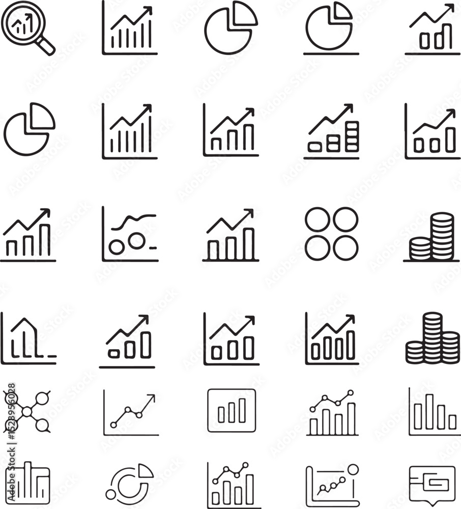 Poster a comprehensive collection of finance and business icons depicting charts and data analysis for vari