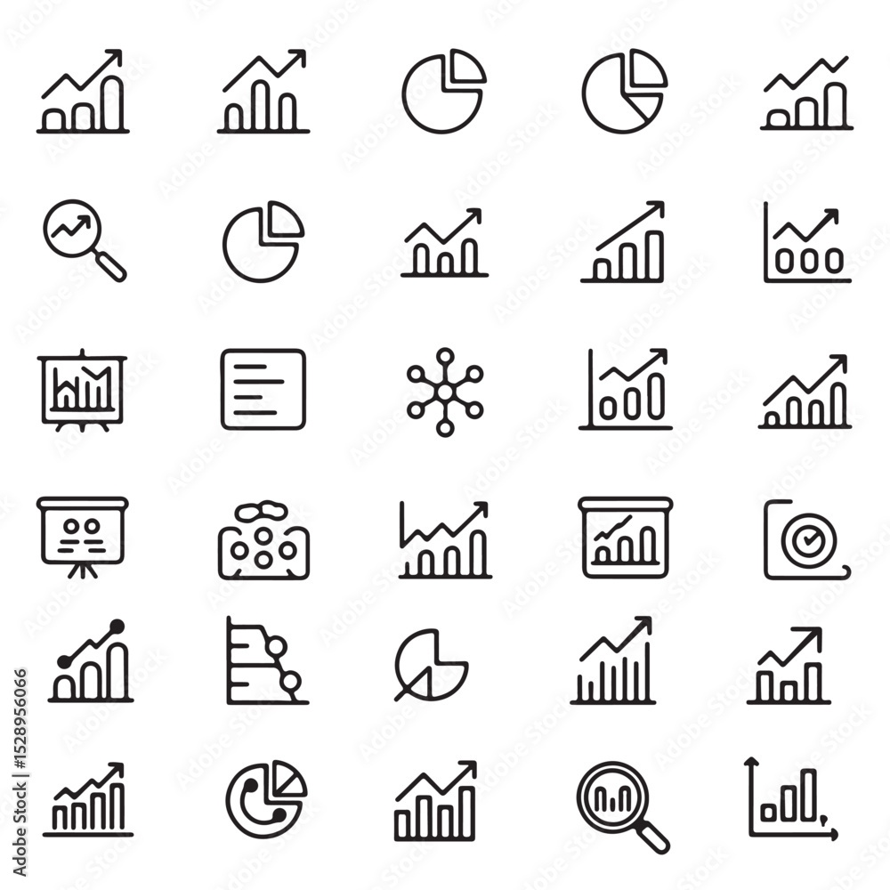 Poster collection of minimalist business and financial icons representing growth statistics and data analys