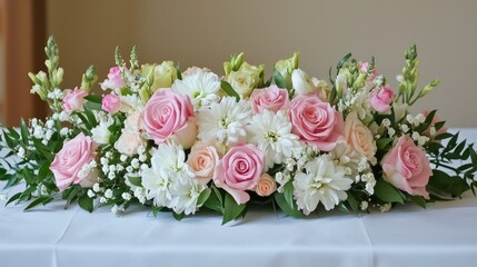 A wedding table setup with a variety of flowers, including pink roses and white daisies, arranged in a lush, elegant display.