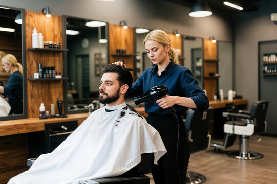 grooming hairdressing people concept man hairstylist barber fan drying hair barbershop grooming peluquería gente concepto hombre peluquero barbero ventilador secado  barbería coiffure kuaför - Powered by Adobe