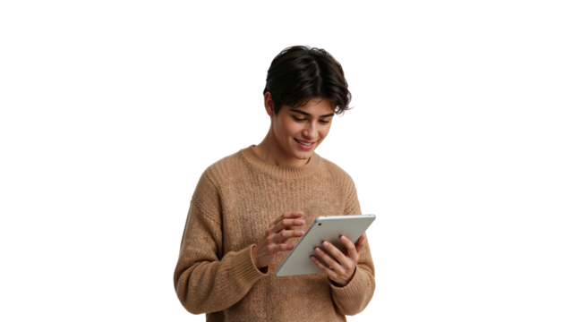 Young man in sweater using tablet device with a smile in front of a black background looking down on transparent background - Powered by Adobe