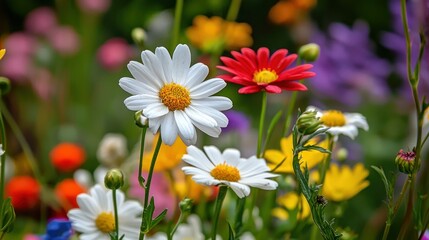 Fototapeta premium A vibrant garden scene with a variety of colorful daisies and other flowers in full bloom, set against a lush green background.