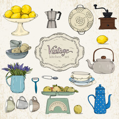 Set of vintage tableware, teapot, cups, scales, lemons, coffee maker, coffee grinder and flowers in Provence style on a light textured background.