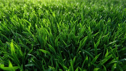 Obraz premium Lush Green Grass Close-Up with Morning Dew Drops in sunlight