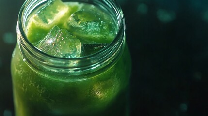 Refreshing Green Juice in Mason Jar with Ice Cubes for a Healthful Treat