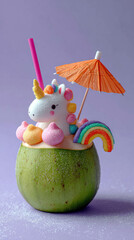 Naklejka premium Whimsical Coconut Dessert Featuring a Candy Unicorn with Rainbow Accent and Parasol