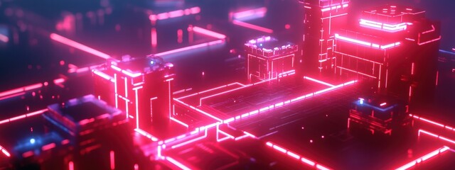Futuristic Cyber City Neon Glow Digital Fortress Data Stream