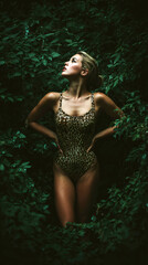 Fototapeta premium Blonde Woman in Swimsuit Surrounded by Dense Green Leaves in Outdoor Setting