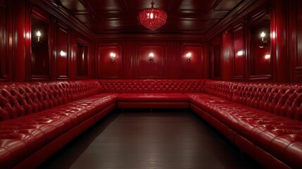 An elegant, plush red lounge boasts stunning glossy walls, creating a lavish and inviting atmosphere perfect for relaxation or social gatherings in a modern design aesthetic.
