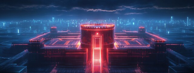 Futuristic Cyber Fortress Red Neon Cityscape Data Security