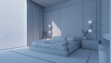 Luxury Bedroom Clay render, Lighting Study, Neutral White, 8K render