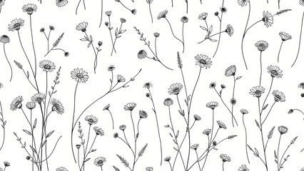 Seamless repeating pattern of delicate wildflowers (daisies, poppies, buttercups) and herbs in fine line art technique.