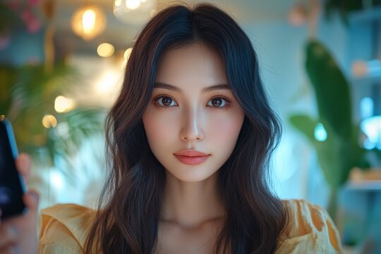 Beauty influencer: Asian female livestreaming a makeup tutorial via smartphone., Generative AI