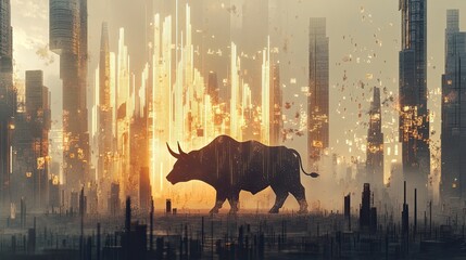 Futuristic city skyline with a bull