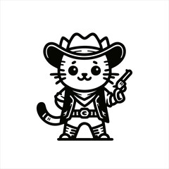 Cute Cowboy Cat Logo With Pistol, Animal Vector Illustration