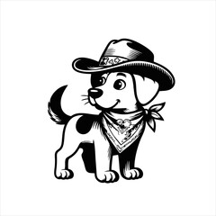 Cute Cowboy Dog Logo With Bandana and Hat, Monochrome Vector Illustration