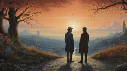 Two men in hats and coats stand on a stone path overlooking a valley at sunset in an artistic style