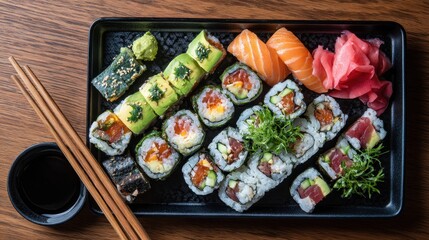 Assorted Sushi Platter with Chopsticks and Soy Sauce on Wooden Table