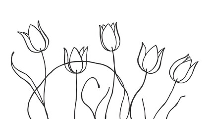 Abstract linear composition with flowing, undulating stems and simplified floral forms (tulips, abstract flowers).
