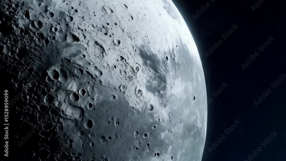 Poster view of a grey moon with craters and dark outer space background with stars