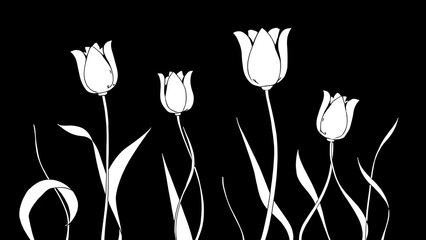 Abstract linear composition with flowing, undulating stems and simplified floral forms (tulips, abstract flowers).