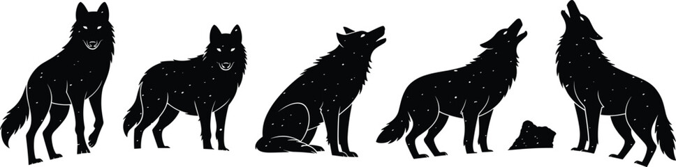 Majestic Pack of Wolves Silhouettes: Diverse Poses Including Howling and Standing, Capturing Wilderness, Nature, and Animal Spirit in Detailed Vector Illustrations for Wildlife Themes