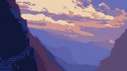Pixelated sunset between two mountain peaks