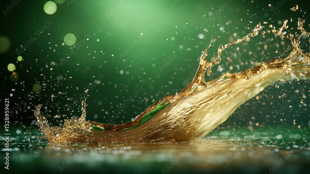 Poster an artistic capture of golden liquid splashing dramatically against a dark backdrop, creating a sens