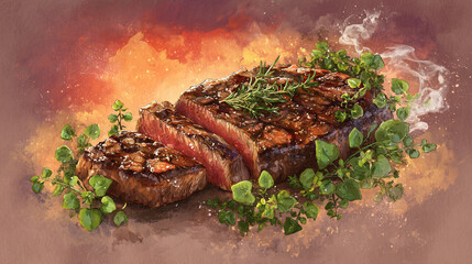 Artistic Watercolor-Style Grilled Steaks with Fresh Herbs and Smoke