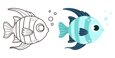 Tropical Striped blue Fish set. Isolated Color and Outline Line drawing, coloring book. Vector illustration. Kids collection.