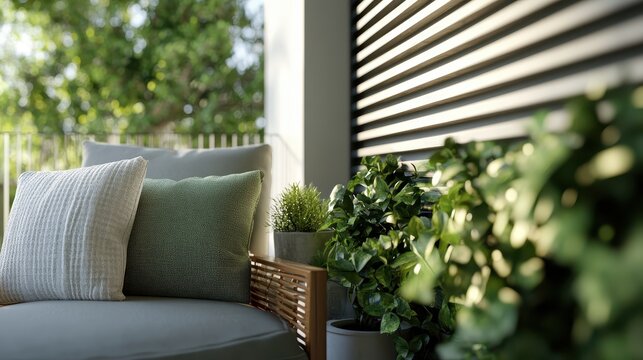 This image showcases a stylish outdoor lounge area, featuring soft cushions and lush plants, creating a relaxing ambiance perfect for leisure and tranquility.