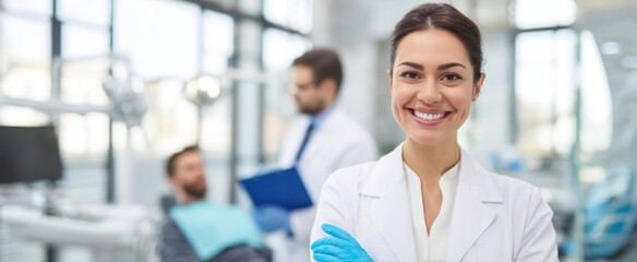 The smiling dentist in a modern dental clinic setting with confident staff.