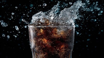 Dynamic splash of cold soda in a glass captured in frozen motion with dramatic lighting effects – commercial concept image