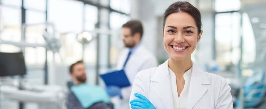 The smiling dentist in a modern dental clinic setting with confident staff.
