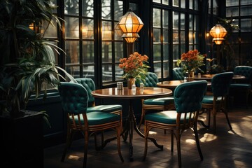 Fototapeta premium This image captures the charm of a stylish café with plush green seating, rustic wooden tables, and warm lighting, creating a welcoming atmosphere for patrons.